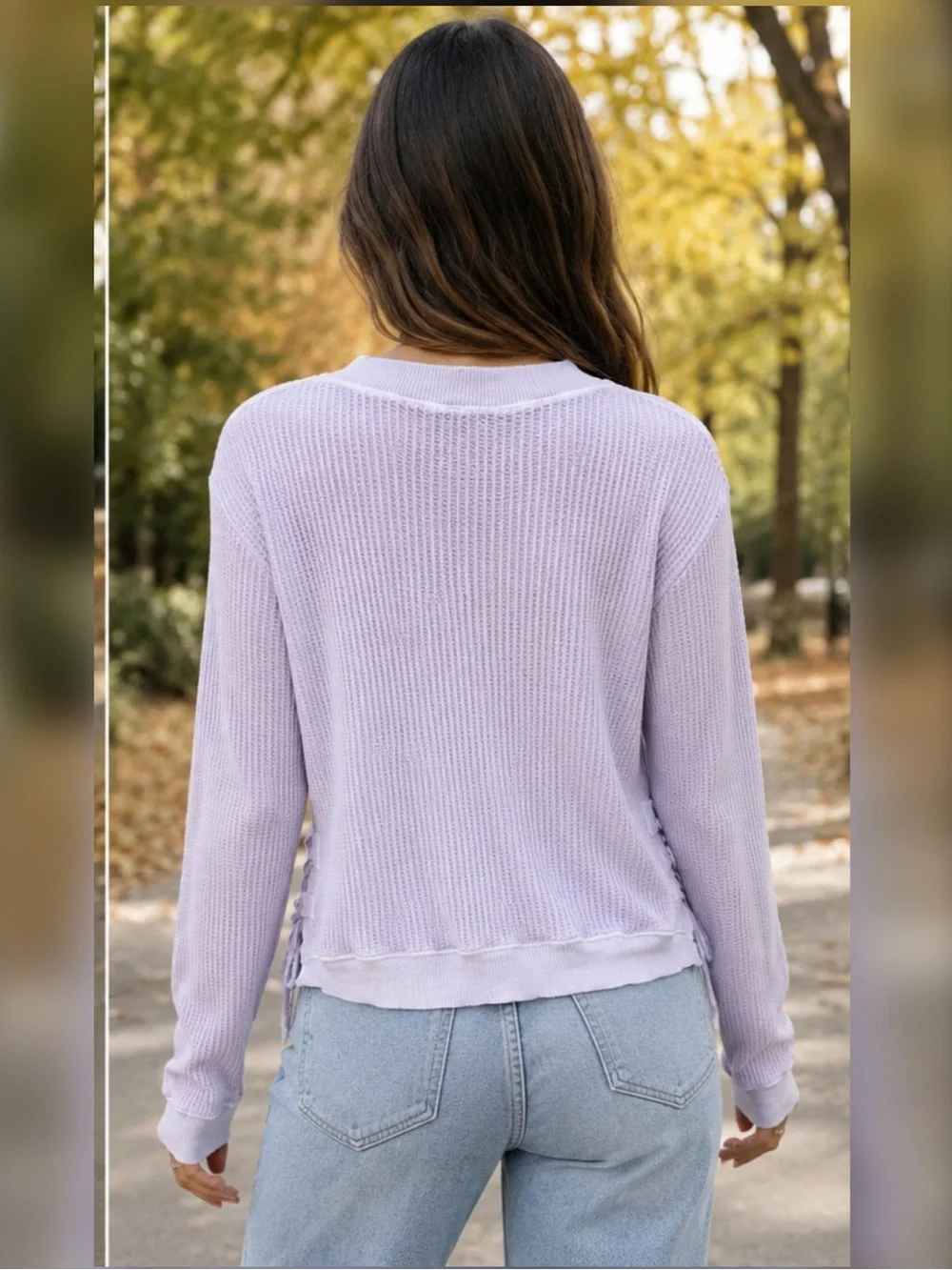 Free People One Large Lavender Waffle Knit Long Sleeve Side Lace-Up Top